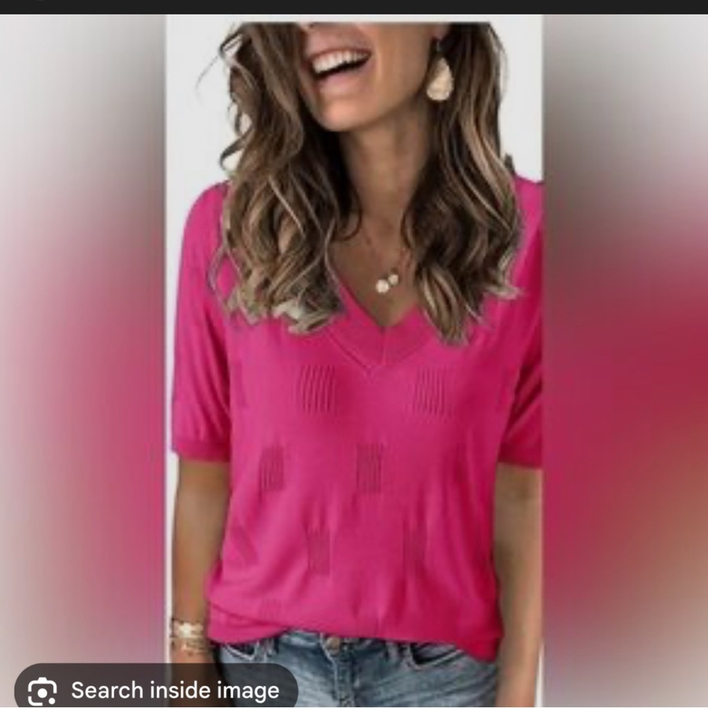 Vibrant Pink Knit Textured V-Neck Top